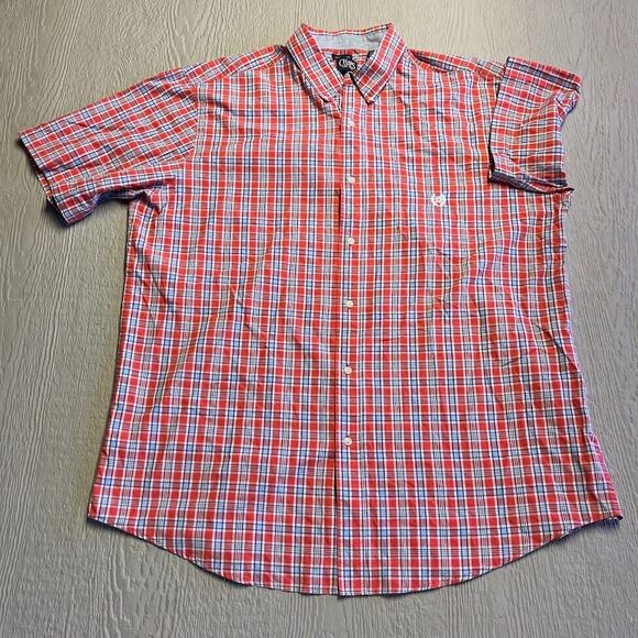 Chaps Red Blue Plaid Button Up Shirt Men's Size 2XT Short Sleeve Crest Easy Care - Picture 1 of 11